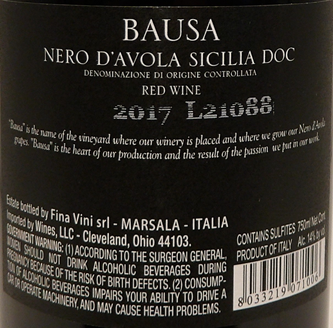 Nero D'Avola, Bausa, 2017 by Fina Winery, 92 Pts JS lable