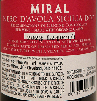Nero D'Avola, DOC 2023 Miral by Cantina Fina label
