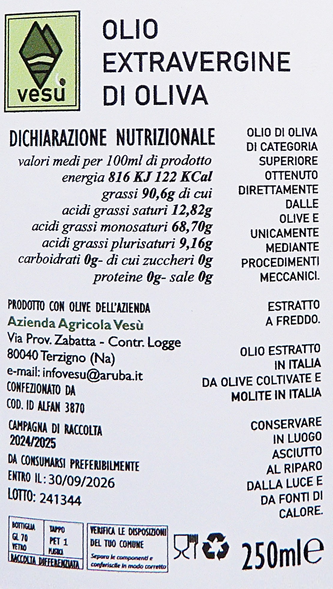 Olive Oil by Le Luna Vesuvio winery, Mt Vesuvus in Campania  Italy, 250 ML, 2024 label