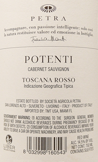 Potenti 2021 Cabernet Sauvignon by Petra in Maremma Tuscany label