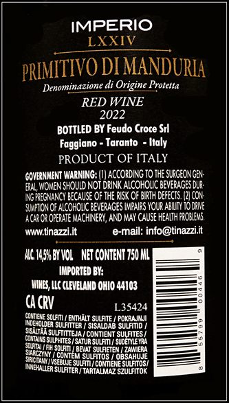 Primitivo di Manduria IMPERIO LXXIV, 2022 label