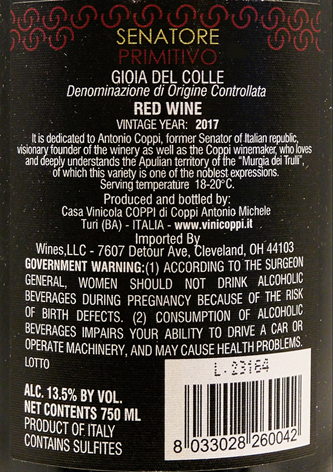 Primitivo wine D.O.C. Senatore 2017 Gioia del Colle, by Coppi label