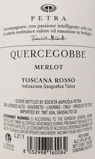 QuerceGobbe, 2018 Merlot by Petra in Maremma Tuscany, Due Bicchieri Gambero Rosso label