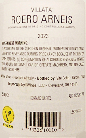 Roero Arneis, 2023 Villata by Vite Colte in Piedmont, Italy label
