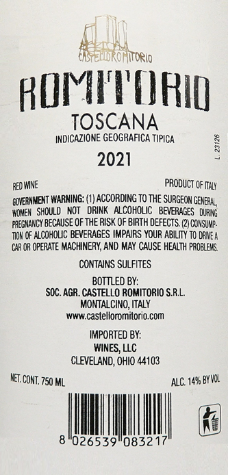 Romitoro, Super Tuscan, 2020, By Castello Romitorio, 93 Pts JS label