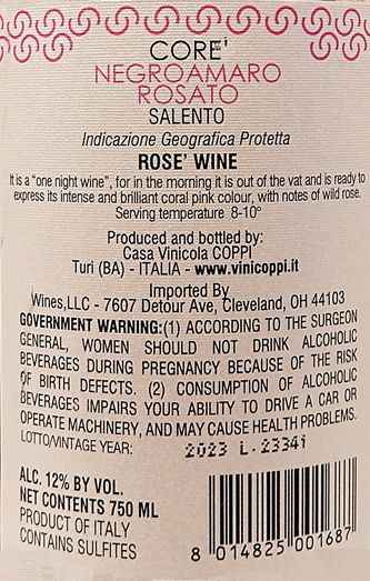 Rose', 2023 Core By Coppi Winery, Puglia, Italy