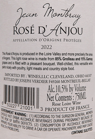 Rose' Anjou, 2022 Loire Valley by Jean Montbray label