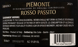 Rosso Passito Barbera, Surpass, 2021 by Vite Colte in Piedmont label