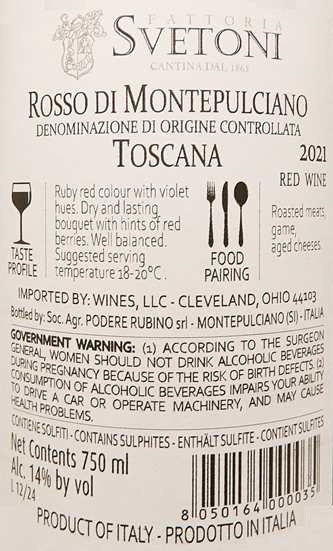 Rosso di Montepulciano, 2020 by Fattoria Svetoni label