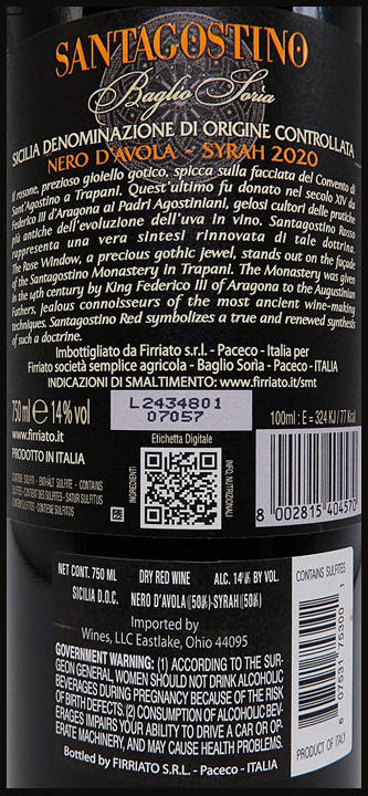 Santagostino Rosso 2020 Red Blend by Firiato in Sicily label