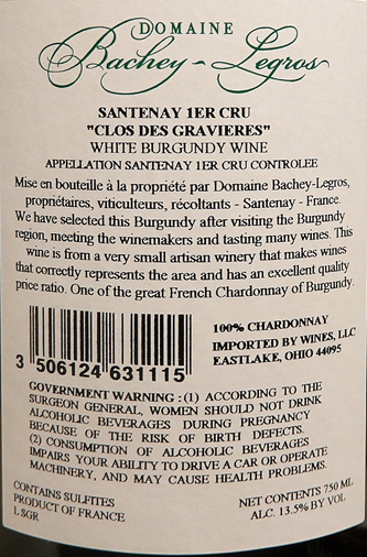 Santenay 1st Cru Blanc, 2022 Clos des Gravieres by Bachey Legros label