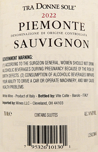 Sauvignon Blanc, 2022 Tra Donne Sole, by Vite Colte in Piedmont, 90 Pts JS