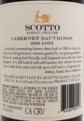 Scotto Family Cellars Cabernet Sauvignon, 2021, Lodi lable