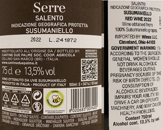 Serre Susumaniello 2022 by Due Palme label