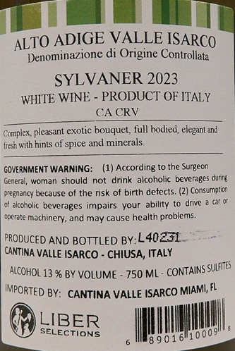 Sylvaner, 2023 Cantina Valle Isarco, Alto Adige Italy label