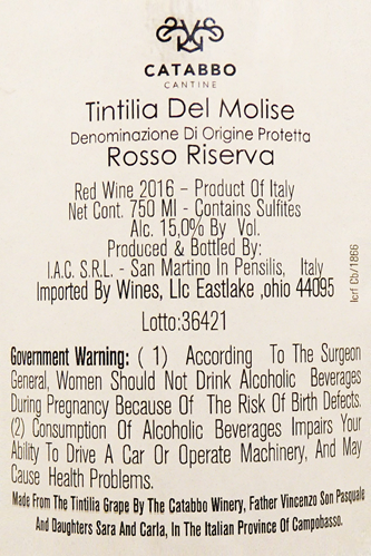 Tintilia Riserva 2016 DOC by Catabbo in Molise label