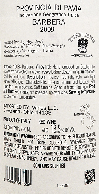 Torti Barbera Selezione 2009 label