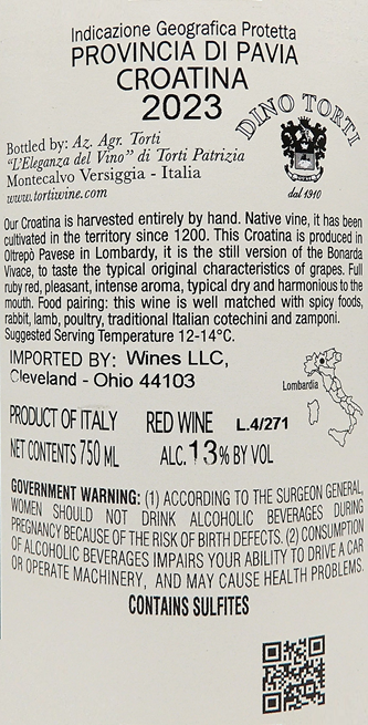 Croatina, 2023 The Torti in Lombardia label