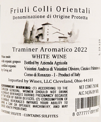 Traminer Aromatico 2022, by Visintini Winery in Colli Orientale Friuli label