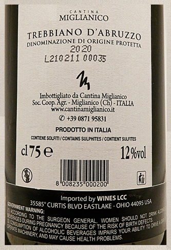 Trebbiano d'Abruzzo DOP 2020  BY Miglianico label