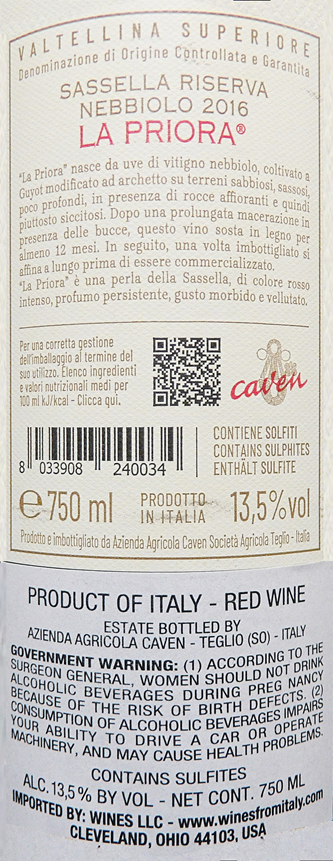 Valtellna Superiore Riserva Sassella DOCG 2016 by Caven in La Priora label