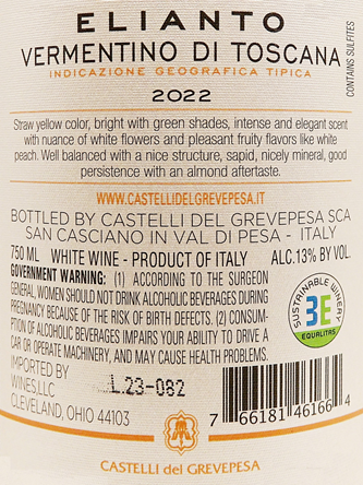 Vermentino di Toscana, 2022 Elianto by Castelle del Grevepesa label