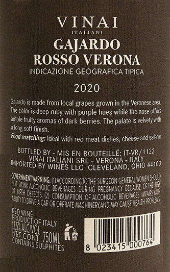 Veronese Rosso, 2020, Gajardo by Vinai Italiani label