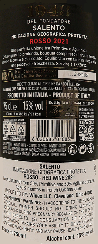 1943 Salentino Rosso 2020 by Due Palme in Puglia label