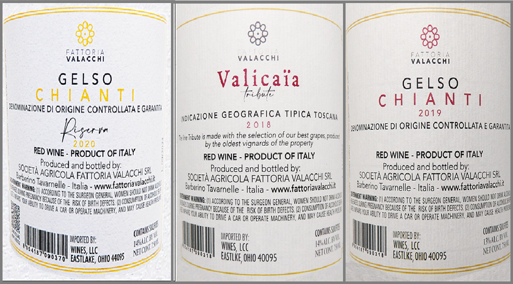 6 Valacchi Wines, Valicaia, Chianti Gelso, Chianti Gelso Riserva labels