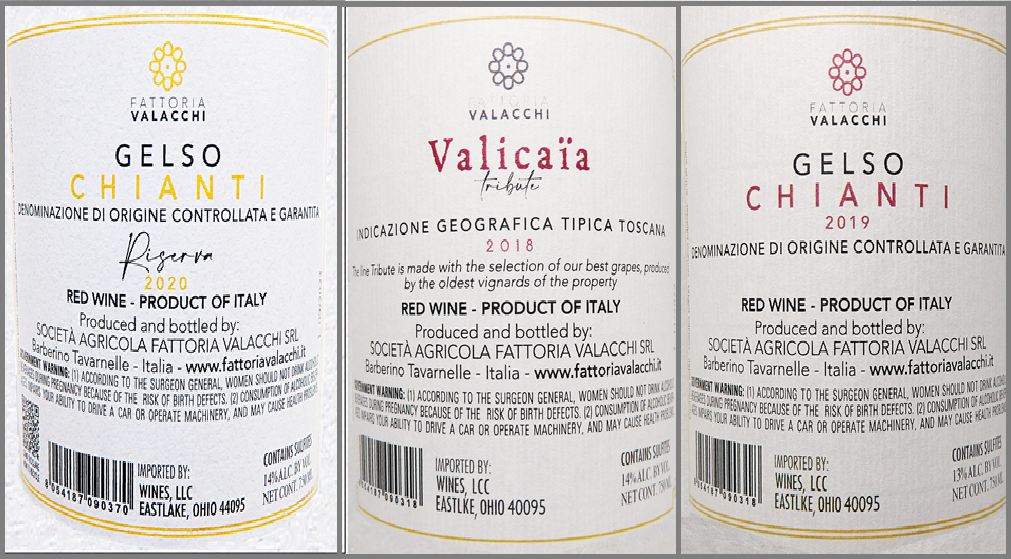 6 Valacchi Wines, Valicaia, Chianti Gelso, Chianti Gelso Riserva labels