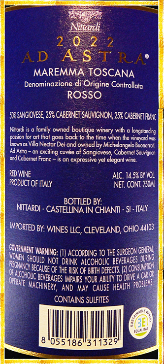 Ad Astra, 2021, A Super Tuscan  by Nittardi Winery in Tuscany, 93 Pts JS label