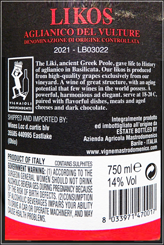 Aglianico del Vulture Likos 2021 DOC Giuseppe Mastrodomenico label