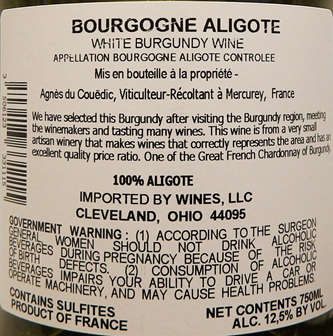 Aligote Bourgogne, 2022 by Agnes du Couedic, Burgundy, France lable