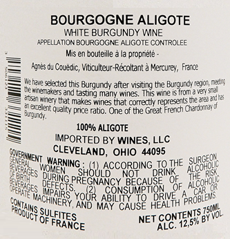 Aligote Bourgogne, 2023 by Agnes du Couedic, Burgundy, France label