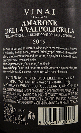 Amarone, 2019 By Vinai Italiani label