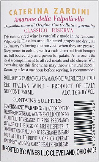 Amarone, Classico Riserva 2019 Caterina Zardini label