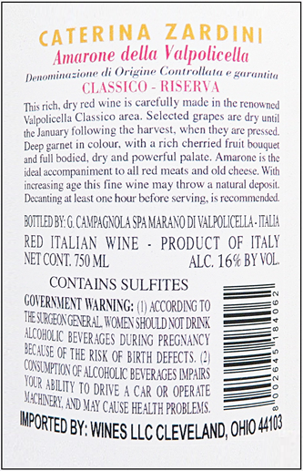 Amarone, Classico Riserva 2020 Caterina Zardini label