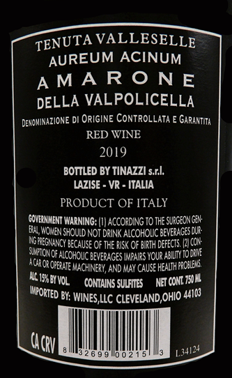 Amarone della Valpolicella, 2019  Aureum Acinum By Tinazzi label