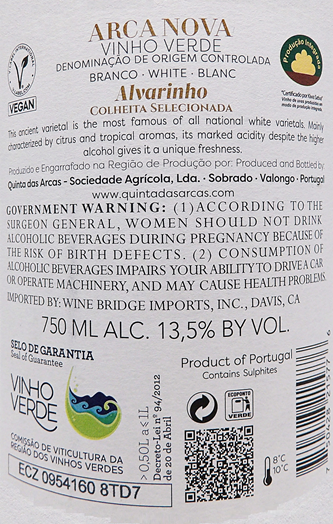 Arca Nova Vinho Verde Blanc, Alvarinho, 2024, Quintas Das RCAS Colhetta Harvest label
