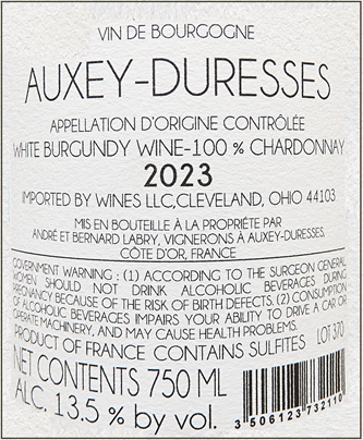 Auxey Duresses Blanc, 2023, by Domaine Labry label