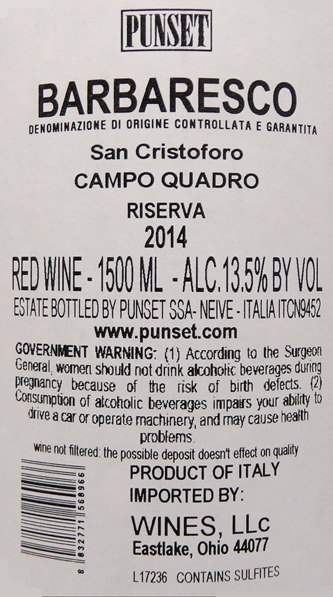 Barbaresco  Riserva, Campo Quadro 2014  Magnum DOCG Punset label