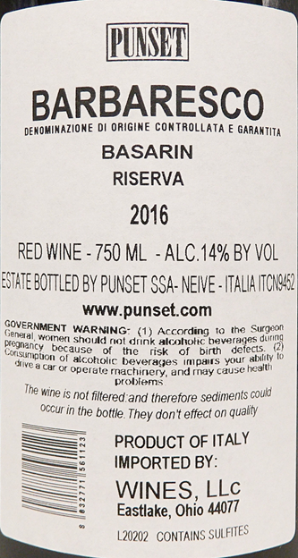 Barbaresco Riserva, Basarin 2016 by Punset label