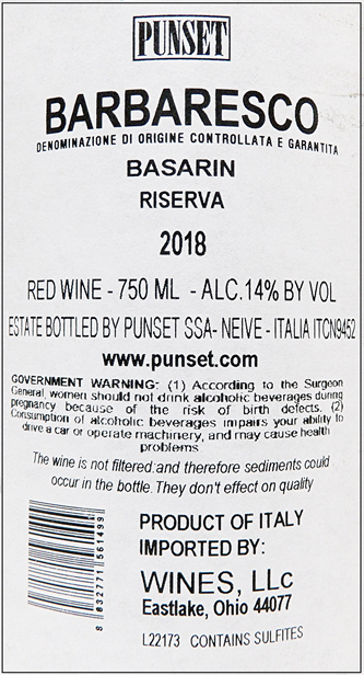 Barbaresco Riserva, 2018 by Punset label