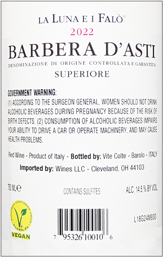 Barbera D Asti 2022 La Luna e Il Falo by Vite Colte label