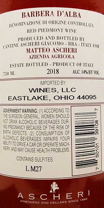 Barbera d'Alba Fontanelle 2018 by Ascheri Winery label
