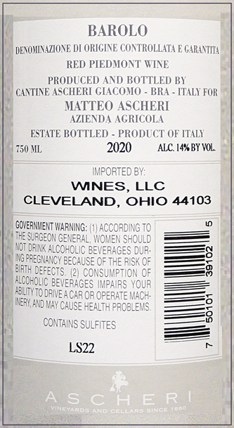 Barolo 2020 Three Vineyards by Ascheri, Six in Wooden Box label