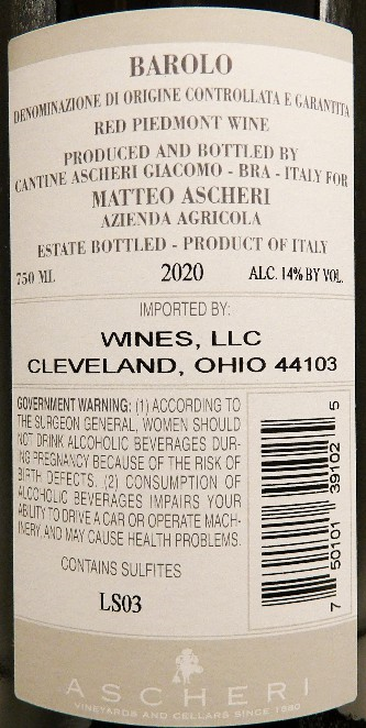 Barolo 2020 Three Vineyards by Ascheri lable