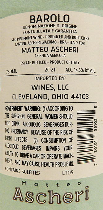 Barolo 2021 Blue Label by Ascheri, Piemonte, Italy label