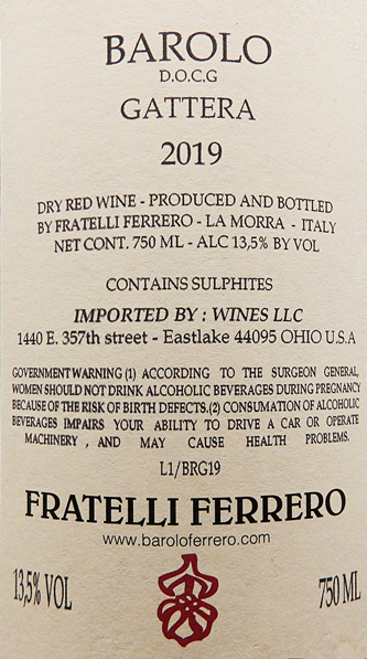 
                      
                        Barolo Gattera, 2019 by Fratelli Ferrero label
                      
                    