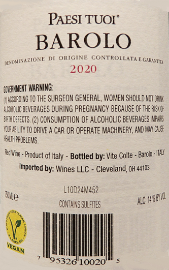 Barolo, Paesi Tuoi, 2020 by Vite Colte, Piedmonte, Italy label